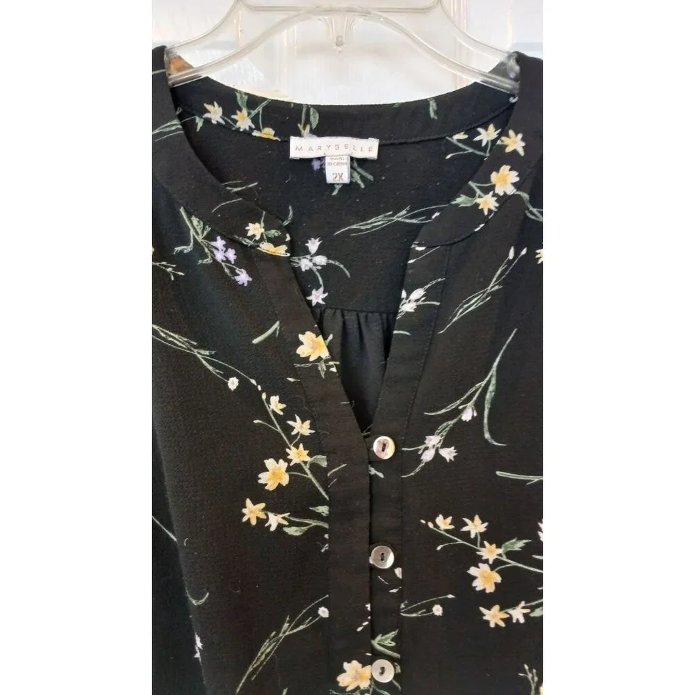 Marybelle Blouse Womens 2X Sheer Black Floral Abalone Button Career Top #D-17 - Picture 2 of 9
